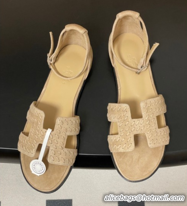 Best Product Hermes Santorini Flat Sandals in Braided Suede Beige 1023084