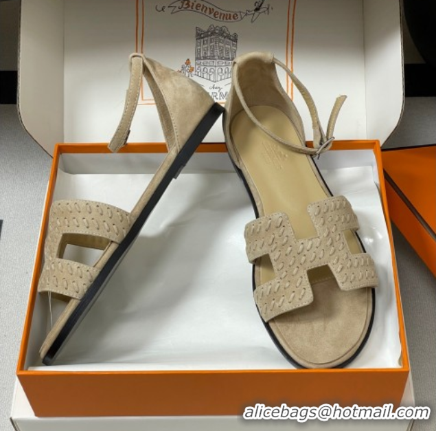 Best Product Hermes Santorini Flat Sandals in Braided Suede Beige 1023084