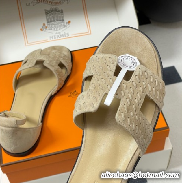 Best Product Hermes Santorini Flat Sandals in Braided Suede Beige 1023084