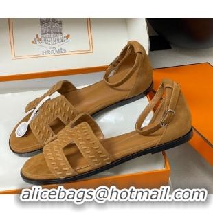 Luxurious Hermes Santorini Flat Sandals in Braided Suede Brown 1023085