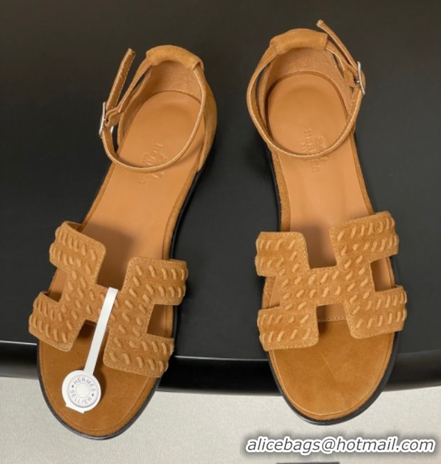 Luxurious Hermes Santorini Flat Sandals in Braided Suede Brown 1023085