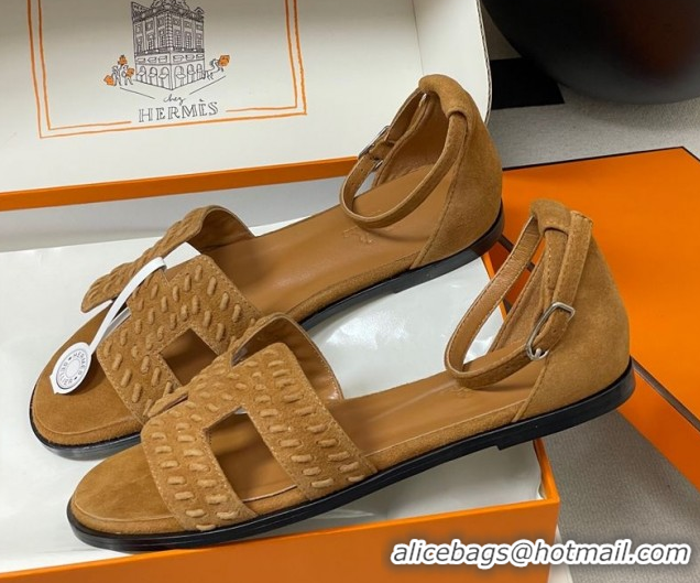 Luxurious Hermes Santorini Flat Sandals in Braided Suede Brown 1023085