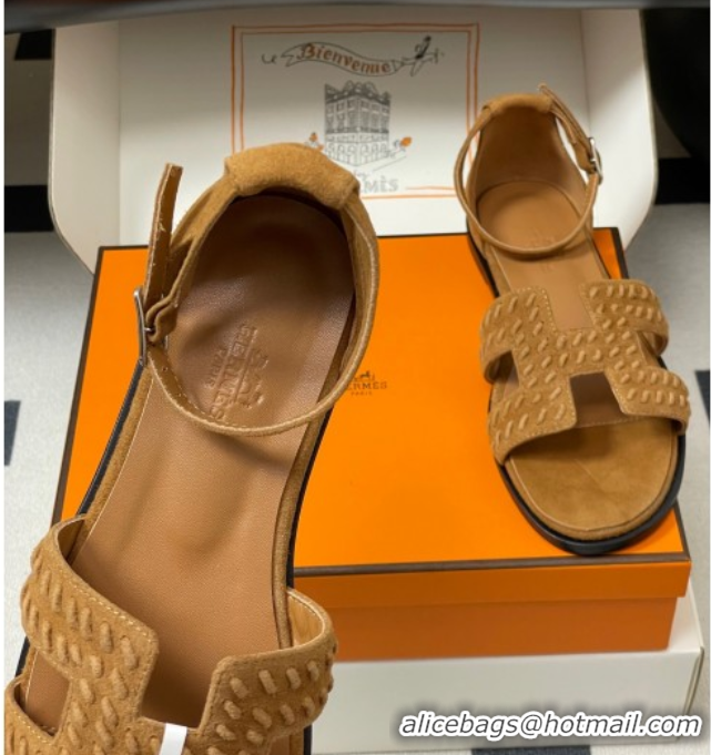 Luxurious Hermes Santorini Flat Sandals in Braided Suede Brown 1023085