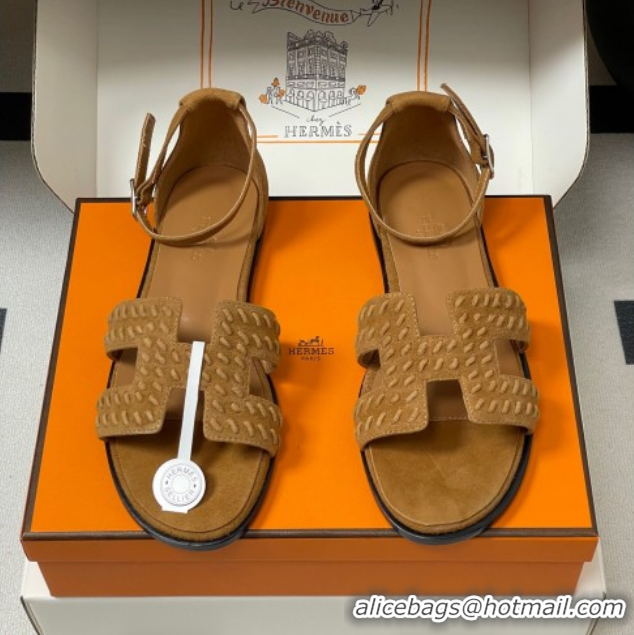 Luxurious Hermes Santorini Flat Sandals in Braided Suede Brown 1023085