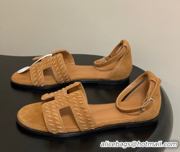 Luxurious Hermes Santorini Flat Sandals in Braided Suede Brown 1023085