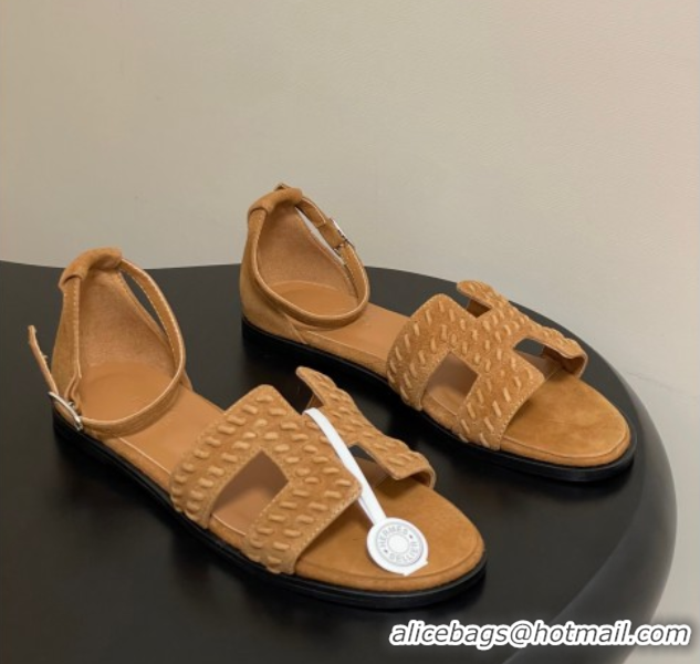 Luxurious Hermes Santorini Flat Sandals in Braided Suede Brown 1023085