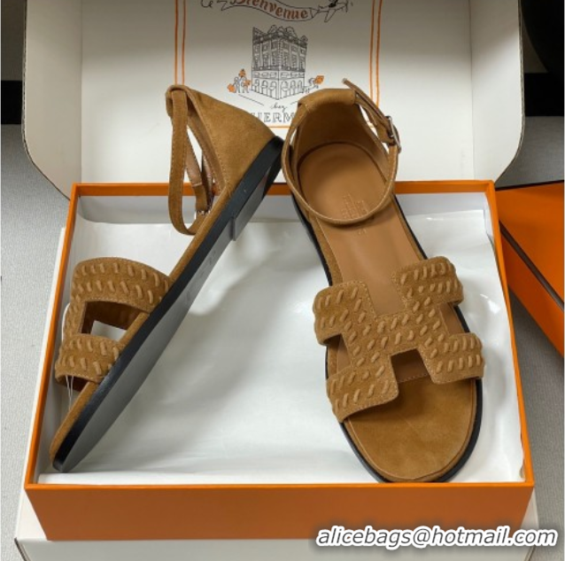 Luxurious Hermes Santorini Flat Sandals in Braided Suede Brown 1023085