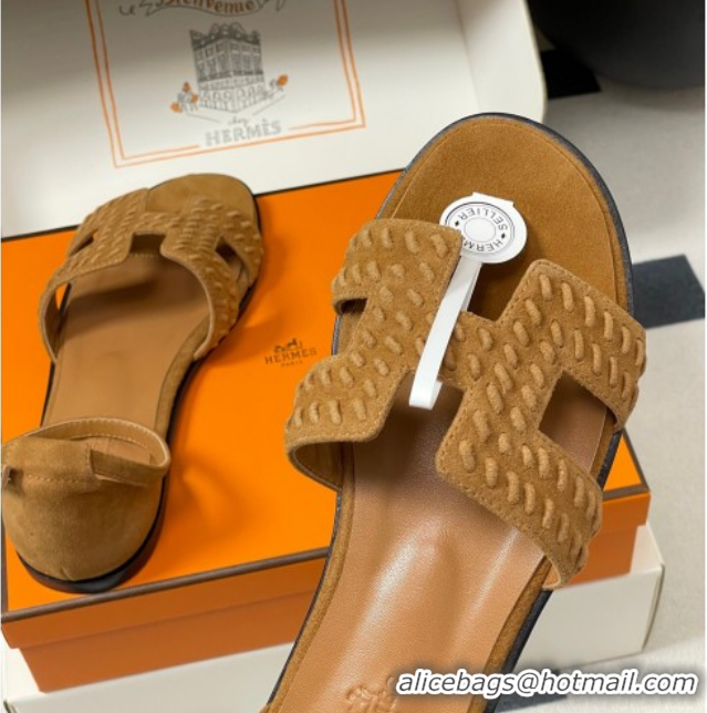 Luxurious Hermes Santorini Flat Sandals in Braided Suede Brown 1023085