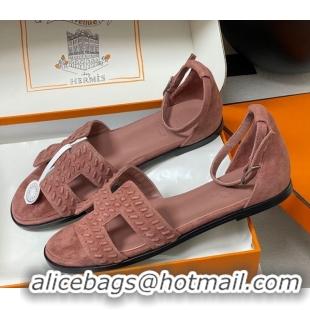 Most Popular Hermes Santorini Flat Sandals in Braided Suede Pink 1023086
