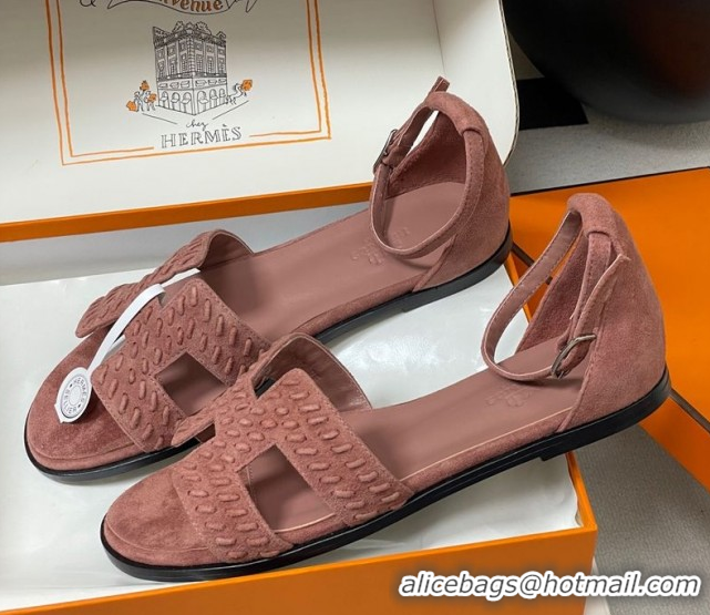 Most Popular Hermes Santorini Flat Sandals in Braided Suede Pink 1023086