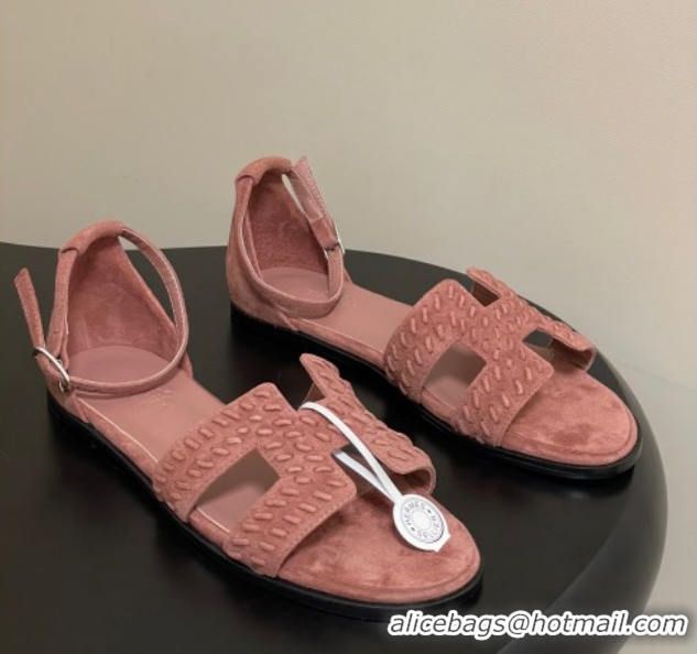 Most Popular Hermes Santorini Flat Sandals in Braided Suede Pink 1023086