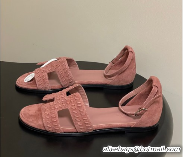 Most Popular Hermes Santorini Flat Sandals in Braided Suede Pink 1023086