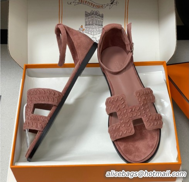 Most Popular Hermes Santorini Flat Sandals in Braided Suede Pink 1023086