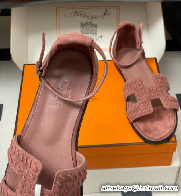 Most Popular Hermes Santorini Flat Sandals in Braided Suede Pink 1023086