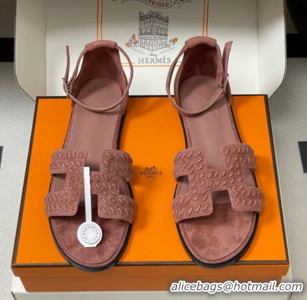 Most Popular Hermes Santorini Flat Sandals in Braided Suede Pink 1023086