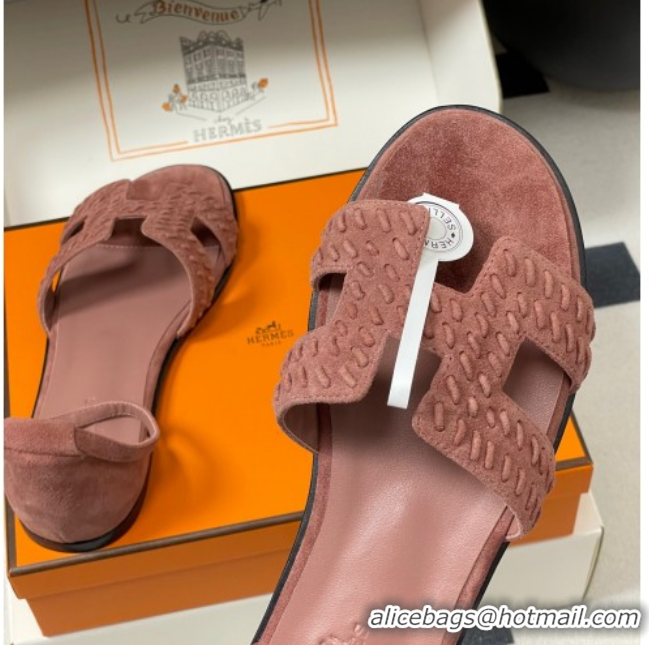 Most Popular Hermes Santorini Flat Sandals in Braided Suede Pink 1023086