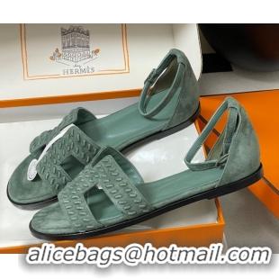 Pretty Style Hermes Santorini Flat Sandals in Braided Suede Green 1023087