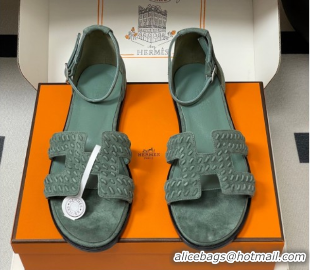 Pretty Style Hermes Santorini Flat Sandals in Braided Suede Green 1023087