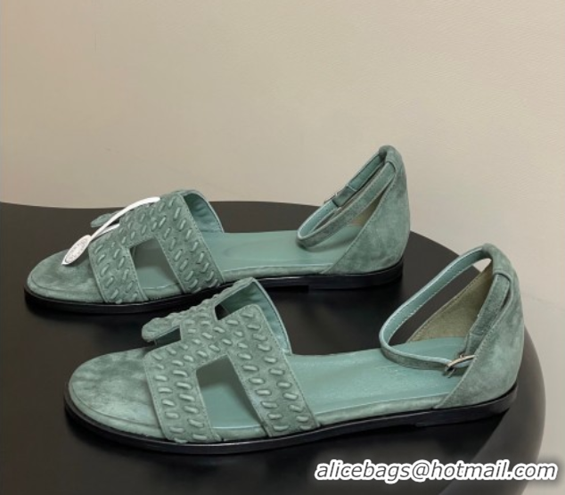 Pretty Style Hermes Santorini Flat Sandals in Braided Suede Green 1023087