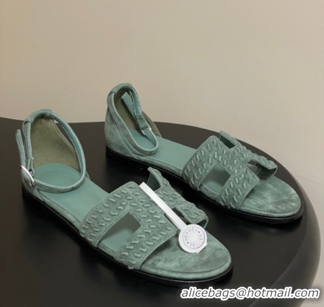Pretty Style Hermes Santorini Flat Sandals in Braided Suede Green 1023087
