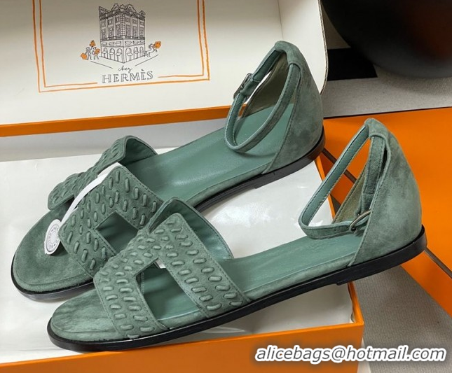 Pretty Style Hermes Santorini Flat Sandals in Braided Suede Green 1023087