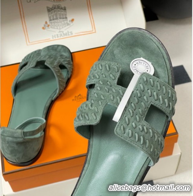 Pretty Style Hermes Santorini Flat Sandals in Braided Suede Green 1023087