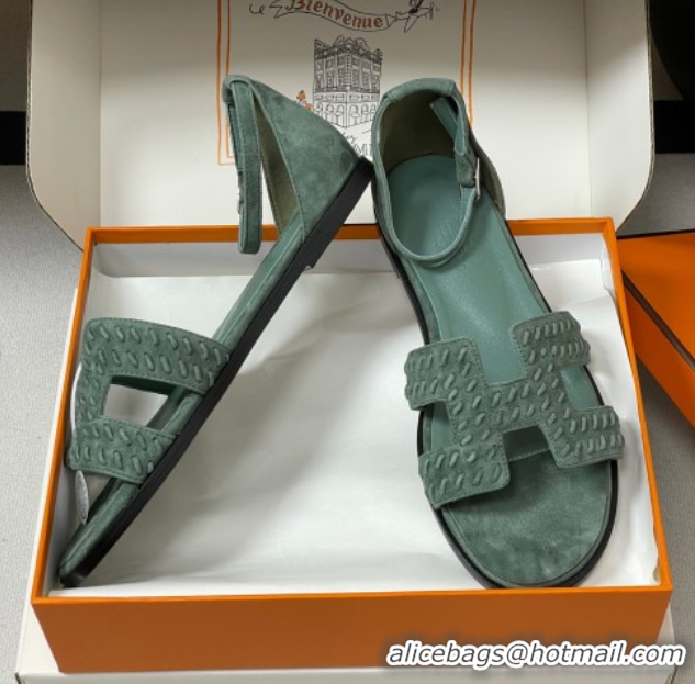 Pretty Style Hermes Santorini Flat Sandals in Braided Suede Green 1023087