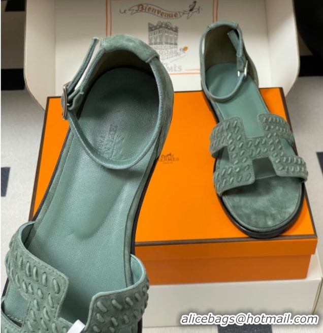 Pretty Style Hermes Santorini Flat Sandals in Braided Suede Green 1023087
