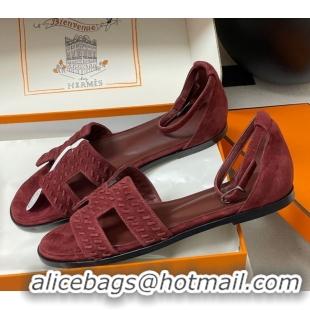 Durable Hermes Santorini Flat Sandals in Braided Suede Burgundy 1023088