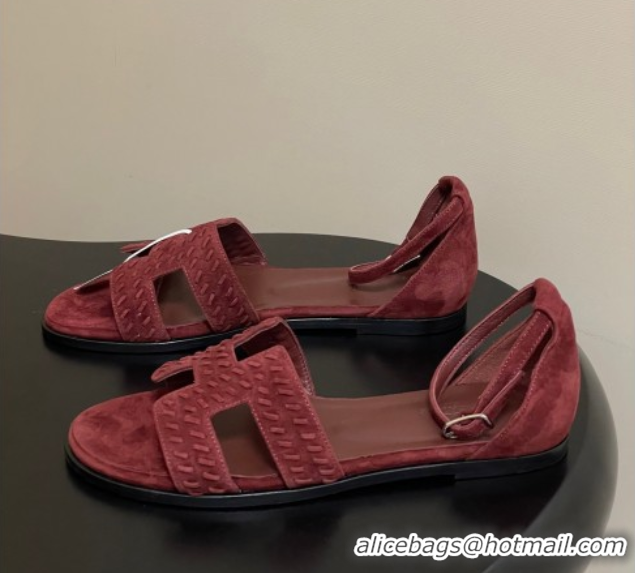 Durable Hermes Santorini Flat Sandals in Braided Suede Burgundy 1023088