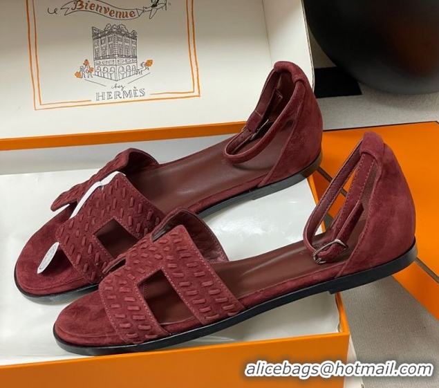 Durable Hermes Santorini Flat Sandals in Braided Suede Burgundy 1023088