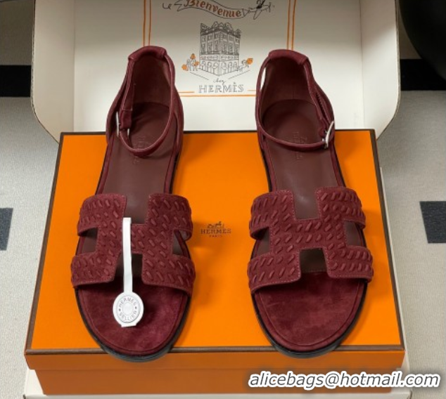 Durable Hermes Santorini Flat Sandals in Braided Suede Burgundy 1023088