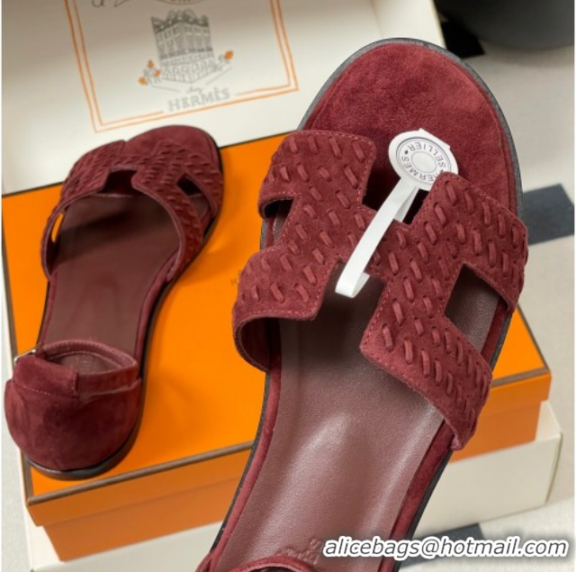 Durable Hermes Santorini Flat Sandals in Braided Suede Burgundy 1023088
