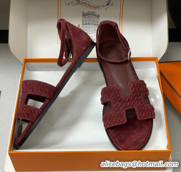 Durable Hermes Santorini Flat Sandals in Braided Suede Burgundy 1023088