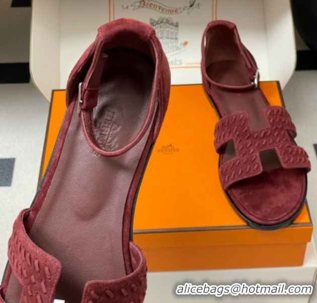 Durable Hermes Santorini Flat Sandals in Braided Suede Burgundy 1023088