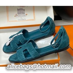 Duplicate Hermes Santorini Flat Sandals in Braided Suede Blue 1023089