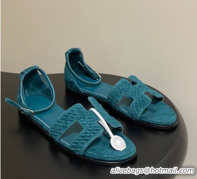 Duplicate Hermes Santorini Flat Sandals in Braided Suede Blue 1023089