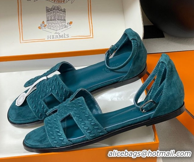 Duplicate Hermes Santorini Flat Sandals in Braided Suede Blue 1023089
