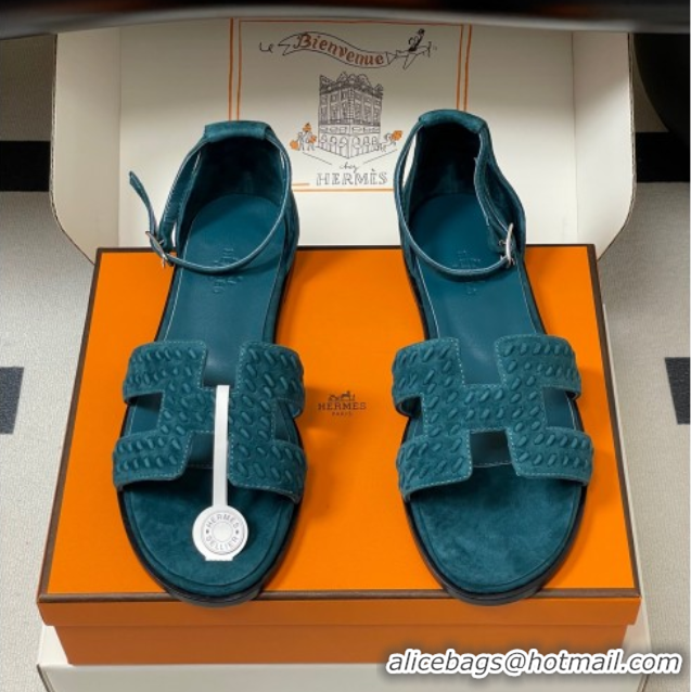 Duplicate Hermes Santorini Flat Sandals in Braided Suede Blue 1023089