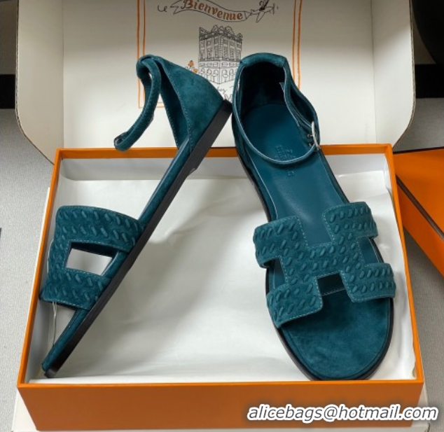 Duplicate Hermes Santorini Flat Sandals in Braided Suede Blue 1023089