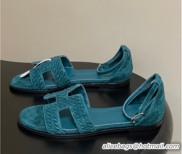 Duplicate Hermes Santorini Flat Sandals in Braided Suede Blue 1023089