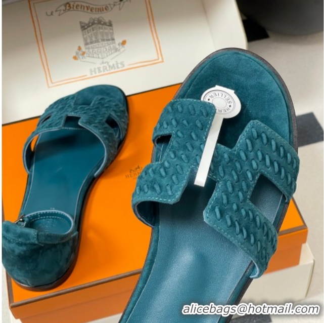 Duplicate Hermes Santorini Flat Sandals in Braided Suede Blue 1023089