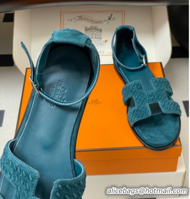 Duplicate Hermes Santorini Flat Sandals in Braided Suede Blue 1023089