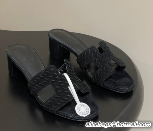 Good Looking Hermes Classic Oasis Heel Slides Sandal 4.5cm in Braided Suede Black 1023090