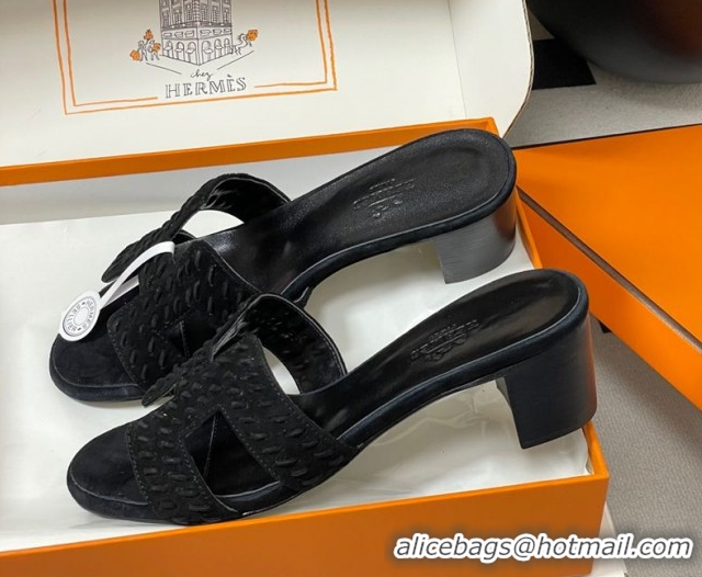 Good Looking Hermes Classic Oasis Heel Slides Sandal 4.5cm in Braided Suede Black 1023090