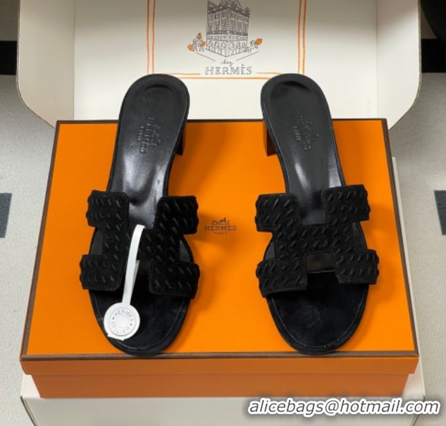 Good Looking Hermes Classic Oasis Heel Slides Sandal 4.5cm in Braided Suede Black 1023090