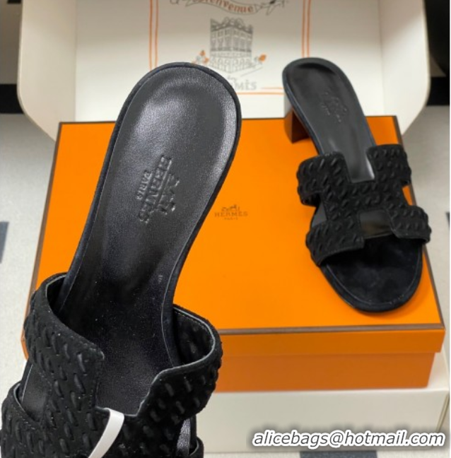 Good Looking Hermes Classic Oasis Heel Slides Sandal 4.5cm in Braided Suede Black 1023090