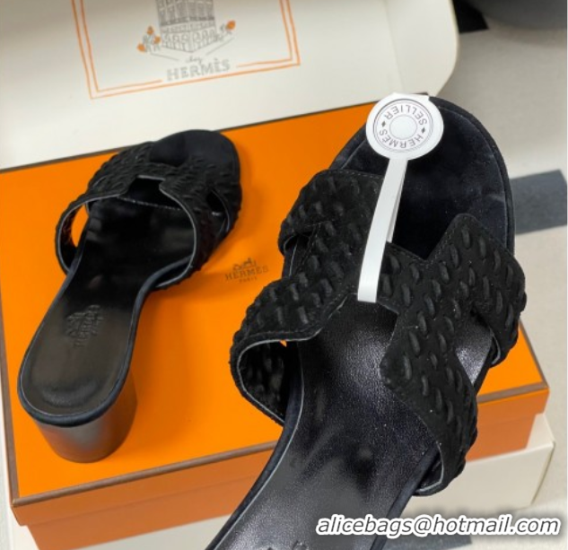 Good Looking Hermes Classic Oasis Heel Slides Sandal 4.5cm in Braided Suede Black 1023090