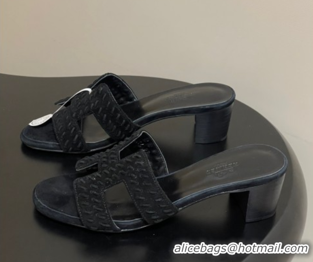 Good Looking Hermes Classic Oasis Heel Slides Sandal 4.5cm in Braided Suede Black 1023090