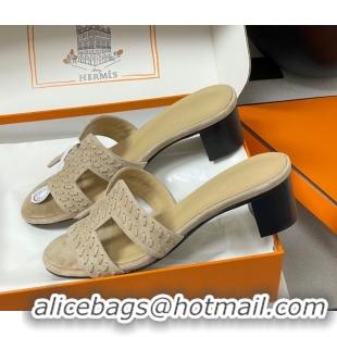Good Quality Hermes Classic Oasis Heel Slides Sandal 4.5cm in Braided Suede Beige 1023091